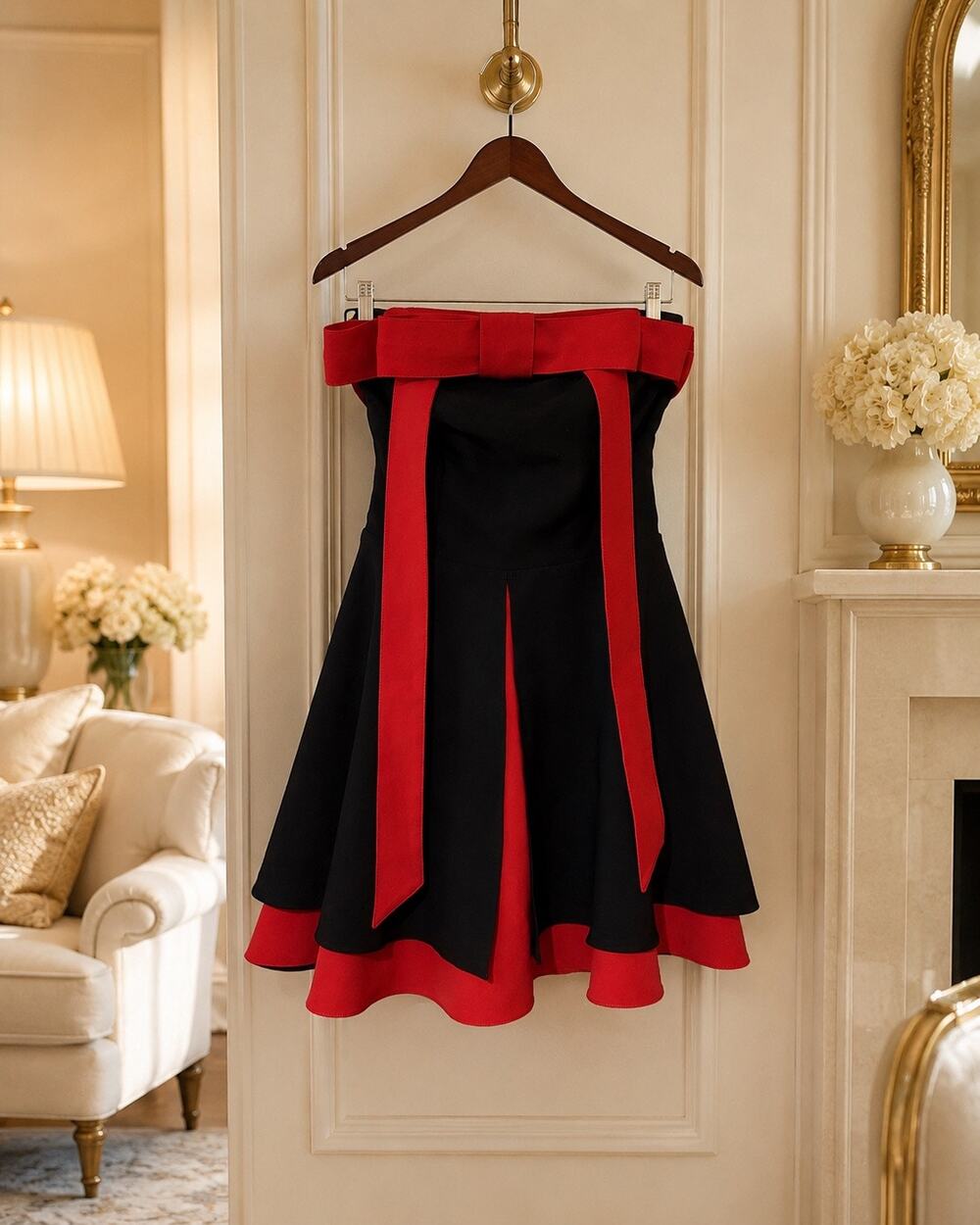 Repulo’s Atelier⁠ Red Black Bow Strapless Mini Dress NWT Smocked Back Size S